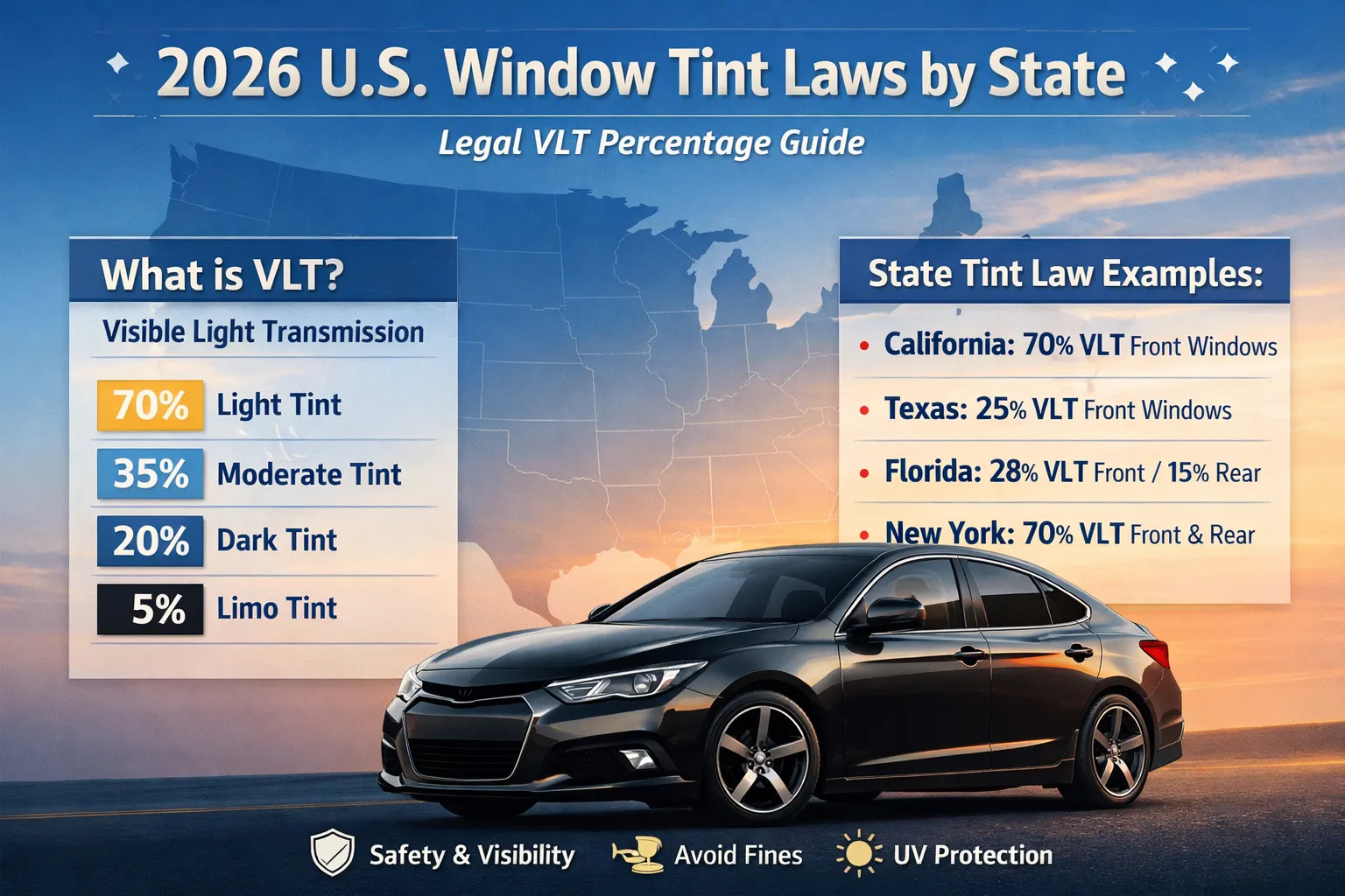 2026 アメリカ合衆国. 州ごとのウィンドウティント法: 合法的なVLTパーセンテージガイド